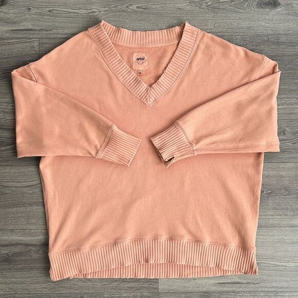 AERIE Down to Earth V-Neck Oversized Sweater Sz Medium Peach Neutral Distressed - Picture 1 of 9